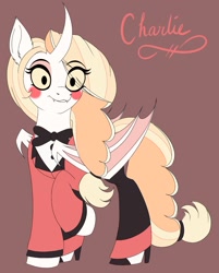 Size: 1275x1583 | Tagged: safe, artist:pearl123_art, species:alicorn, species:bat pony, species:pony, g4, bat pony alicorn, bat wings, blush sticker, blushing, bow tie, charlie magne, clothing, eye clipping through hair, female, hazbin hotel, horn, multiple limbs, ponified, raised hoof, solo, wings