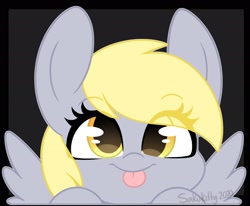 Size: 2048x1686 | Tagged: safe, artist:sakukitty, character:derpy hooves, species:pegasus, species:pony, g4, black background, blep, bust, cute, derpabetes, eye clipping through hair, female, looking at you, mare, portrait, simple background, solo, tongue out