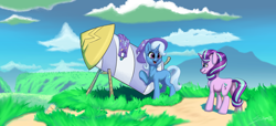 Size: 2048x936 | Tagged: safe, artist:silverhopexiii, character:starlight glimmer, character:trixie, species:pony, species:unicorn, g4, cape, clothing, duo, female, hat, looking at each other, mare, mountain, rocket, scenery, smiling, this will not end well, toy interpretation, trixie's rocket