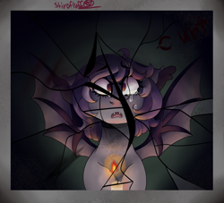 Size: 2200x2000 | Tagged: safe, artist:shirofluff, oc, oc:darky, species:bat pony, comic:seeds of hope, fallout equestria, g4, broken mirror, candle, candlelight, crying, fallout equestria seeds of hope, fangs, reflection, synth