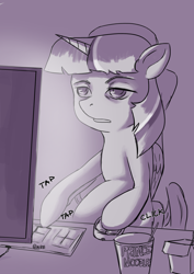 Size: 2480x3508 | Tagged: safe, artist:nire, character:twilight sparkle, character:twilight sparkle (alicorn), species:alicorn, species:pony, g4, chair, chinese food, computer, computer mouse, cup noodles, exhausted, female, keyboard, sketch, sleepy, solo, tired, tired eyes