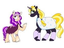 Size: 1280x960 | Tagged: safe, artist:doodletheexpoodle, oc, oc:daylight amethyst, oc:northern star, parent:sunburst, parent:twilight sparkle, parents:twiburst, species:earth pony, species:pony, species:unicorn, g4, brother and sister, cloak, clothing, duo, female, fraternal twins, glasses, headband, male, offspring, siblings, simple background, transparent background, twins, unshorn fetlocks