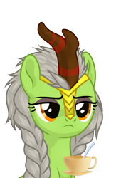 Size: 1700x2600 | Tagged: safe, artist:alfury, artist:shosha, oc, oc only, oc:golden koi, species:kirin, g4, braid, cup, disappointed, femboy, male, simple background, solo, teacup, transparent background, unamused, vector