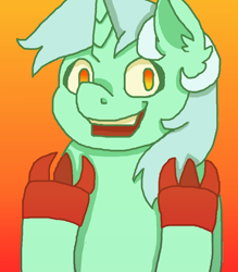 Size: 1400x1600 | Tagged: safe, artist:theedgyduck, character:lyra heartstrings, species:pony, species:unicorn, g4, crossover, cyborg, female, futurama, gradient background, gradient eyes, hand, mare, robot devil, simple background, solo, that pony sure does love hands, the devil's hands are idle playthings