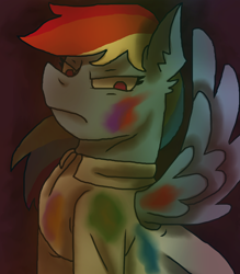 Size: 1400x1600 | Tagged: safe, artist:theedgyduck, character:rainbow dash, species:pegasus, species:pony, fanfic:rainbow factory, g4, clothing, female, lab coat, looking at you, mare, rainbow factory dash, scowl, simple background, solo