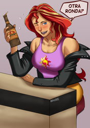 Size: 2480x3508 | Tagged: safe, artist:nire, character:sunset shimmer, species:human, g4, my little pony:equestria girls, alcohol, beer, blushing, breasts, busty sunset shimmer, clothing, dialogue, drunk, drunker shimmer, fallout, fallout: new vegas, female, jacket, looking at you, smiling, smiling at you, solo, spanish, sunset sarsparilla