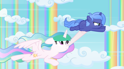 Size: 6064x3383 | Tagged: safe, artist:pumpkinpieforlife, character:princess celestia, character:princess luna, species:alicorn, species:pony, g4, cloud, cute, female, filly, flying, lunabetes, mare, rainbow waterfall, royal sisters, scene interpretation, show accurate, sisters, vector, woona, younger