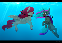 Size: 2168x1513 | Tagged: safe, artist:nyota71, oc, oc:frosty, oc:kat, species:pegasus, species:pony, species:unicorn, g4, bubble, colored hooves, colored pupils, commission, diving, female, looking at you, mare, one eye closed, scuba, scuba diving, stripes, swimming, under the sea, underwater, water