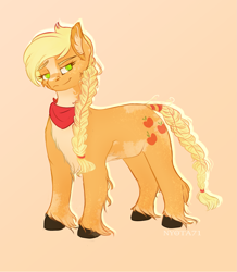 Size: 1553x1777 | Tagged: safe, artist:nyota71, character:applejack, species:earth pony, species:pony, g4, alternate hairstyle, bandana, body markings, braid, braided tail, chest fluff, colored hooves, colored pupils, ear fluff, female, freckles, hoof fluff, mare, raised eyebrow, redesign, simple background, smiling, smirk, smug, solo, spots, unshorn fetlocks