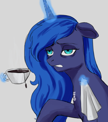 Size: 2299x2592 | Tagged: safe, artist:nire, character:princess luna, species:alicorn, species:pony, g4, bags under eyes, cup, female, floppy ears, gray background, magic, magic aura, sick, simple background, solo, teacup, tired, tissue