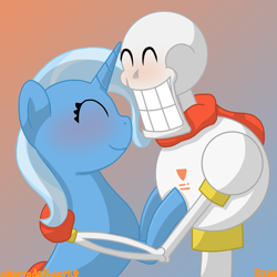Size: 1536x1536 | Tagged: safe, artist:colorcodetheartist, character:trixie, species:pony, species:unicorn, g4, blushing, crack shipping, crossover, crossover shipping, cute, eyes closed, female, gradient background, male, papyrus (undertale), profile, redraw, shipping, signature, smiling, straight, trixie is amused, trixierus, undertale
