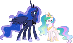 Size: 7377x4357 | Tagged: safe, artist:pumpkinpieforlife, character:princess celestia, character:princess luna, species:alicorn, species:pony, g4, absurd resolution, clothing, crown, envy, folded wings, jewelry, necklace, princess celestia is not amused, regalia, role reversal, shoes, show accurate, simple background, size difference, smallestia, smug, spread wings, talluna, transparent background, unamused, vector, wings