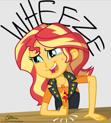 Size: 3775x4194 | Tagged: safe, artist:steyrrdash, character:sunset shimmer, species:eqg human, g4, my little pony:equestria girls, crying, female, laughing, solo, table, tears of laughter, wheeze
