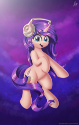 Size: 3500x5500 | Tagged: safe, artist:pyropk, oc, oc:melody verve, species:pony, species:unicorn, g4, beats by dr dre, beautiful, commission, cutie mark, digital art, female, floating, full body, happy, headphones, illustration, looking at you, music, simple background, smiley face, smiling, solo
