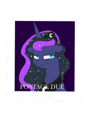 Size: 1280x1707 | Tagged: safe, artist:doodletheexpoodle, character:princess luna, species:alicorn, species:pony, g4, bust, female, floppy ears, frown, luna is not amused, postage stamp, solo, unamused