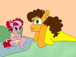 Size: 1280x960 | Tagged: safe, artist:doodletheexpoodle, character:cheese sandwich, oc, oc:apple sorbet, parent:applejack, parent:cheese sandwich, parents:cheesejack, species:earth pony, species:pony, g4, father and child, father and daughter, female, foal, male, offspring, rubber chicken, silly, tongue out