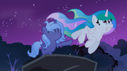 Size: 6195x3465 | Tagged: safe, artist:pumpkinpieforlife, character:princess celestia, character:princess luna, species:pony, episode:sleepless in ponyville, g4, my little pony: friendship is magic, cewestia, female, filly, night, pushing, this will end in a trip to the moon, woona, younger