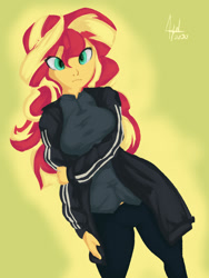 Size: 768x1024 | Tagged: safe, artist:elbenjaftw, character:sunset shimmer, species:eqg human, g4, my little pony:equestria girls, clothing, female, jacket, solo