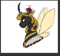 Size: 526x486 | Tagged: safe, artist:shirofluff, species:changeling, g1, bee, beeling, bust, changeling queen, crown, curved horn, female, horn, jewelry, queen bumble, redesign, regalia, simple background, solo, white background, yellow changeling
