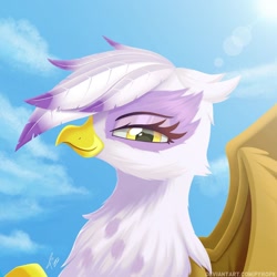 Size: 1280x1280 | Tagged: safe, artist:pyropk, character:gilda, species:griffon, g4, bust, feather, female, looking at you, portrait, sky, solo, wings