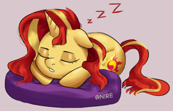Size: 3101x1979 | Tagged: safe, artist:nire, character:sunset shimmer, species:pony, species:unicorn, g4, chubby cheeks, curled up, cushion, cute, cutie mark, eyes closed, floppy ears, hooves together, onomatopoeia, shimmerbetes, sleeping, sound effects, zzz