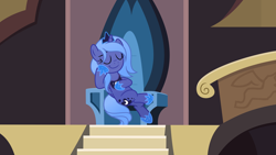 Size: 6452x3629 | Tagged: safe, artist:pumpkinpieforlife, character:princess luna, species:alicorn, species:pony, g4, castle of the royal pony sisters, crossed legs, crown, female, hoof shoes, jewelry, peytral, regalia, s1 luna, sitting, solo, throne
