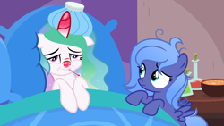 Size: 7238x4071 | Tagged: safe, artist:pumpkinpieforlife, character:princess celestia, character:princess luna, species:pony, episode:ail-icorn, g4, spoiler:interseason shorts, cewestia, female, filly, royal sisters, sick, sisters, thermometer, woona, younger