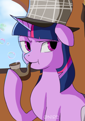 Size: 2480x3508 | Tagged: safe, artist:nire, character:twilight sparkle, character:twilight sparkle (unicorn), species:pony, species:unicorn, episode:mmmystery on the friendship express, g4, my little pony: friendship is magic, bubble pipe, clothing, deerstalker, detective, female, hat, mare, pipe, sherlock holmes, solo