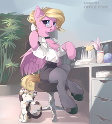 Size: 3150x3500 | Tagged: safe, artist:dreamweaverpony, oc, oc:miss karen, species:pegasus, species:pony, g4, blouse, calico, cat, chest fluff, clothing, female, glasses, high heels, jewelry, kitten, mane bun, mare, necklace, receptionist, secretary, shoes, skirt, stockings, tail bun, telephone, thigh highs