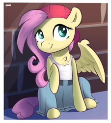 Size: 2563x2841 | Tagged: safe, artist:nookprint, gameloft, character:fluttershy, species:pegasus, species:pony, g4, 90s grunge fluttershy, backwards ballcap, baseball cap, belt, brick wall, cap, chest fluff, clothing, female, gameloft interpretation, hat, head turn, looking at you, mare, one wing out, outdoors, raised hoof, shirt, sitting, skirt, smiling, solo, t-shirt, wings