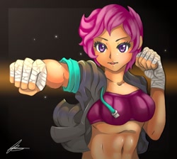 Size: 1280x1148 | Tagged: safe, artist:jennobasilicum, character:scootaloo, g4, my little pony:equestria girls, abs, bandage, belly button, clothing, female, hoodie, older, older scootaloo, punch, solo, sports bra, tape, wrist tape