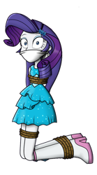 Size: 1429x2579 | Tagged: safe, artist:nivek15, character:rarity, species:eqg human, g4, my little pony:equestria girls, bondage, bound and gagged, cloth gag, clothing, fall formal outfits, female, femsub, gag, kidnapped, kneeling, rarisub, rope, rope bondage, simple background, solo, submissive, tied up, transparent background, wide eyes