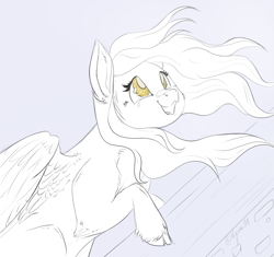 Size: 2367x2228 | Tagged: safe, artist:nyota71, character:derpy hooves, species:pegasus, species:pony, g4, cheek fluff, colored pupils, colored sketch, crying, female, leg fluff, looking up, mare, open mouth, simple background, sketch, solo, tears of joy, unshorn fetlocks, windswept mane