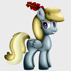 Size: 1026x1026 | Tagged: safe, artist:king-sombrero, character:chirpy hooves, species:pegasus, species:pony, g4, chirpabetes, chirpy hooves, cute, female, filly, foal, grin, happy, looking sideways, quill, simple background, smiling, solo, standing, white background