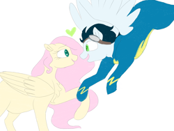 Size: 2828x2121 | Tagged: safe, artist:doodletheexpoodle, character:fluttershy, character:soarin', species:pegasus, species:pony, g4, chest fluff, clothing, female, heart, holding hooves, looking at each other, male, mare, shipping, simple background, soarinshy, stallion, straight, uniform, white background, wonderbolts uniform