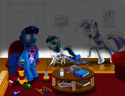 Size: 3300x2550 | Tagged: safe, artist:jac59col, character:night light, character:shining armor, character:smarty pants, character:twilight sparkle, character:twilight velvet, g4, bloodshot eyes, book, bottle, broken glass, chase, crying, desperation, mud, parenting, toy, vase, winnie the pooh, wip