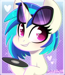 Size: 800x922 | Tagged: safe, artist:sakukitty, character:dj pon-3, character:vinyl scratch, species:pony, species:unicorn, g4, bust, disc, female, heart, heart eyes, mare, smiling, solo, wingding eyes