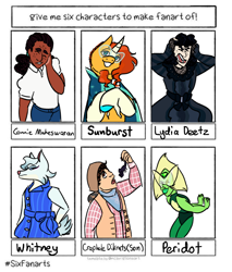 Size: 828x972 | Tagged: safe, artist:lieutenantcactus, character:sunburst, species:anthro, species:human, species:pony, species:unicorn, g4, animal crossing, anthro with ponies, beetlejuice, clothing, connie maheswaran, crossover, dark skin, eating, eyes closed, female, glasses, lizard, lydia deetz, male, open mouth, peridot (steven universe), six fanarts, socks (coat marking), stallion, steven universe, trail to oregon, whitney (animal crossing)