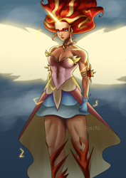 Size: 2480x3508 | Tagged: safe, artist:nire, character:daydream shimmer, character:sunset shimmer, g4, my little pony:equestria girls, artificial wings, augmented, badass, boots, breasts, cleavage, clothing, curvy, cutie mark accessory, daydream lifter, daydream shimmer, dress, electricity, eyeshadow, female, flowing hair, high res, horn, jewelry, lipstick, magic, magic horn, magic wings, makeup, muscles, muscular female, necklace, shoes, solo, sunset lifter, wings