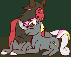 Size: 1868x1508 | Tagged: safe, artist:theedgyduck, character:lord tirek, oc, oc:disappearing sparkle, species:centaur, species:pony, species:unicorn, g4, blushing, broken horn, canon x oc, cuddling, duo, duo male, eyes closed, floppy ears, gay, horn, interspecies, jewelry, lying down, male, nose piercing, nose ring, piercing, prone, simple background, sleeping, stallion, unicorn oc