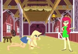 Size: 2388x1668 | Tagged: safe, artist:bleedingwings12, character:apple bloom, character:applejack, g4, my little pony:equestria girls, absurd resolution, adorabloom, all fours, apple sisters, applejack's hat, barefoot, barn, behaving like a dog, clothing, cowboy hat, cute, cutie mark, cutie mark on clothes, denim shorts, dress, duo, duo female, feet, female, hand on hip, hat, hay, hypnosis, hypnotized, jackabetes, legs, panting, pocket watch, ponytail, sandals, shorts, siblings, sisters, smug, standing, stool, sundress, sweet apple acres, swirly eyes, tank top