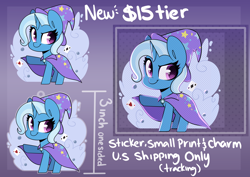 Size: 7016x4961 | Tagged: safe, artist:sakukitty, character:trixie, species:pony, species:unicorn, g4, acrylic charm, advertisement, cape, chibi, clothing, female, hat, mare, patreon, playing card, print, sticker