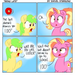 Size: 1414x1414 | Tagged: safe, artist:swivel starsong, character:luster dawn, oc, species:pony, species:unicorn, g4, bell, comic, female, luster dawn is not amused, school, this will end in detention