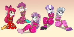 Size: 1024x512 | Tagged: safe, artist:nivek15, character:apple bloom, character:diamond tiara, character:scootaloo, character:silver spoon, character:sweetie belle, g4, my little pony:equestria girls, arm behind back, bloomsub, bondage, bound and gagged, cloth gag, clothing, cutie mark crusaders, diamondsub tiara, female, femsub, footed sleeper, footie pajamas, gag, kidnapped, kneeling, onesie, otn gag, over the nose gag, pajamas, rope, rope bondage, scootasub, silversub, sitting, sleepover, slumber party, struggling, submissive, sweetiesub, tied up