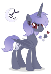Size: 1130x1630 | Tagged: safe, artist:magicuniclaws, oc, parent:fluttershy, parent:nightmare moon, species:alicorn, species:bat pony, species:pony, g4, bat pony alicorn, bat wings, female, horn, magical lesbian spawn, mare, offspring, parents:fluttermoon, simple background, solo, transparent background, wings