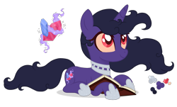 Size: 2000x1204 | Tagged: safe, artist:magicuniclaws, oc, parent:king sombra, parent:tantabus, species:pony, species:unicorn, g4, book, female, lying down, mare, offspring, parents:sombrabus, prone, simple background, solo, transparent background