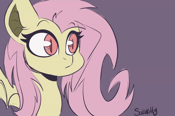Size: 600x399 | Tagged: safe, artist:sakukitty, character:flutterbat, character:fluttershy, species:bat pony, g4, animated, bat ponified, bust, dialogue, female, lidded eyes, looking at you, offscreen character, portrait, race swap, smug, smugshy, solo, speech bubble