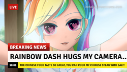 Size: 1280x720 | Tagged: safe, artist:jeremywithlove, edit, editor:michaelsety, character:rainbow dash, species:human, g4, my little pony:equestria girls, anime, break your own news, breaking news, clothing, color edit, cute, dashabetes, drool, female, heart eyes, human coloration, humanized, light skin, light skin edit, looking at you, open mouth, shirt, skin color edit, solo, wingding eyes