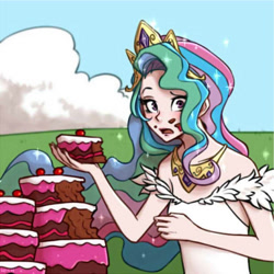 Size: 616x616 | Tagged: safe, artist:ilacavgbmjc, kotobukiya, character:princess celestia, episode:ponyville confidential, g4, my little pony: friendship is magic, my little pony:equestria girls, cake, cakelestia, cloud, crown, eating, equestria girls interpretation, food, jewelry, kotobukiya princess celestia, messy eating, necklace, regalia, scene interpretation, sleeveless, solo, this will end in weight gain