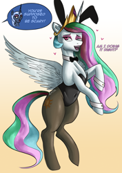 Size: 2480x3508 | Tagged: safe, artist:nire, character:nightmare moon, character:princess celestia, character:princess luna, species:pony, g4, animal costume, belly button, bunny costume, bunny ears, bunny suit, bunnylestia, clothing, collar, costume, duo, eyeliner, eyeshadow, floating heart, halloween, halloween costume, heart, holiday, lipstick, makeup, nightmare night, one eye closed, pantyhose, pose, smiling at you, spread wings, stupid sexy celestia, wings, wink, winking at you
